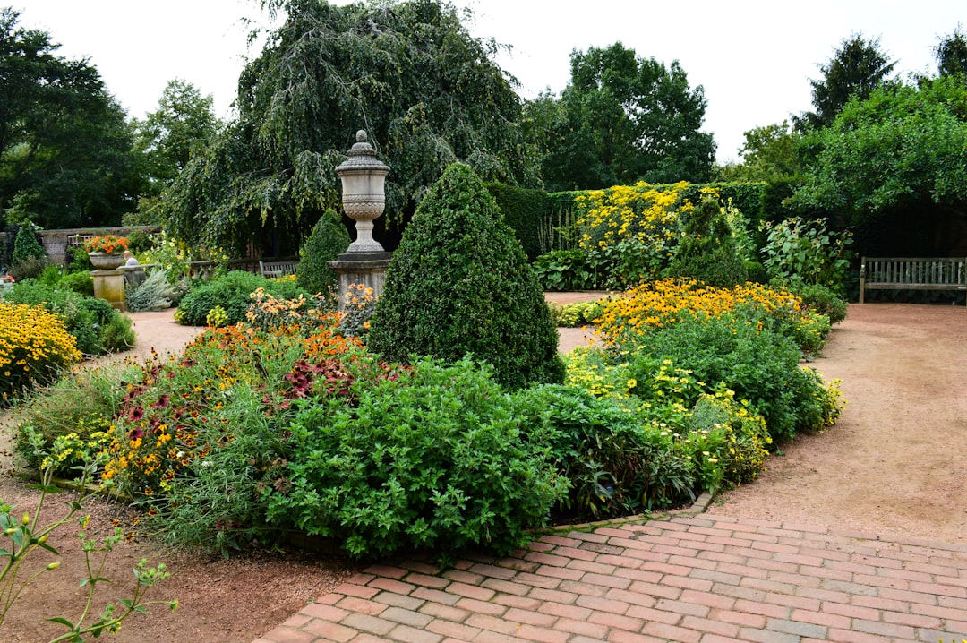 Ornamental botanical garden with gorgeous flowerbeds and landscaped hedges